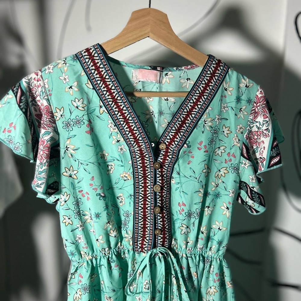 C+D+M Floral Dress Teal Base w/ Multi Flowers, Button Bust + Drawstring Waist - Picture 2 of 5